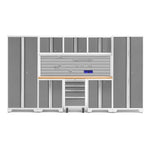 Newage Products Bold 3.0 Series 9-Piece Garage Cabinet Set-55391-Platinum-Bamboo Worktop-Slatwall Backsplash + 12-Piece Hook Kit-Garage Giant