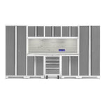 Newage Products Bold 3.0 Series 9-Piece Garage Cabinet Set-56898-Platinum-Stainless Steel Worktop-LED Lights + Slatwall Backsplash + Hook Kit-Garage Giant