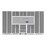 Newage Products Bold 3.0 Series 9-Piece Garage Cabinet Set-56897-Platinum-Stainless Steel Worktop-Slatwall Backsplash + 12-Piece Hook Kit-Garage Giant