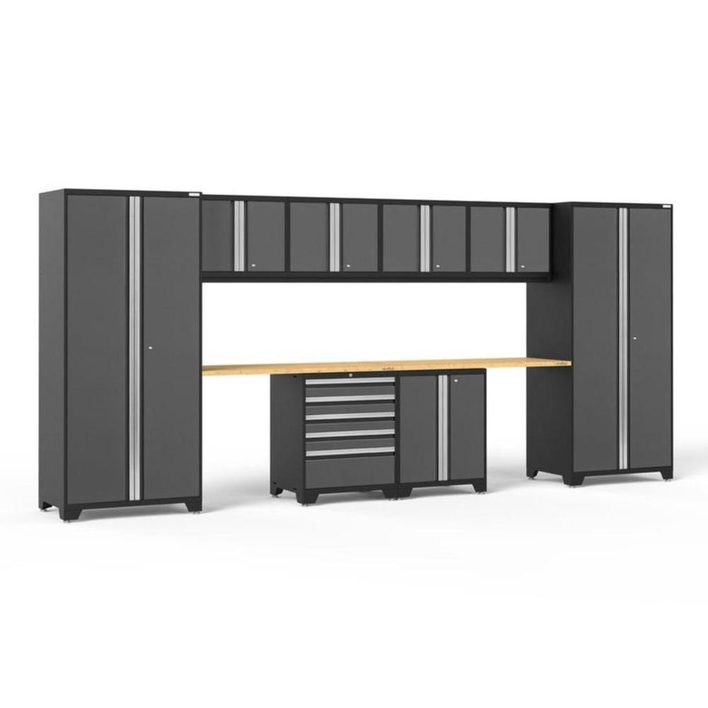 Newage Products Pro 3.0 Series 10-Piece Garage Cabinet Set With 2-Door Base Cabinet-52050-Grey-Bamboo Worktop-None-Garage Giant