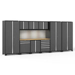 Newage Products Pro 3.0 Series 10-Piece Garage Cabinet Set With 3X Multi-Use Lockers-58480-Grey-Bamboo Worktop-LED Lights + Slatwall Backsplash-Garage Giant