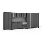 Newage Products Pro 3.0 Series 10-Piece Garage Cabinet Set With 3X Multi-Use Lockers-58479-Grey-Bamboo Worktop-Slatwall Backsplash-Garage Giant