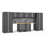 Newage Products Pro 3.0 Series 10-Piece Garage Cabinet Set With 2-Door Base Cabinet-54237-Grey-Bamboo Worktop-Slatwall Backsplash + 12-Piece Hook Kit-Garage Giant