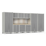 Newage Products Pro 3.0 Series 10-Piece Garage Cabinet Set With 3X Multi-Use Lockers-58906-Platinum-Bamboo Worktop-LED Lights + Slatwall Backsplash-Garage Giant