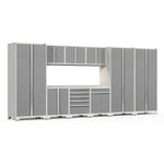 Newage Products Pro 3.0 Series 10-Piece Garage Cabinet Set With 3X Multi-Use Lockers-52598-Platinum-Stainless Steel Worktop-LED Lights-Garage Giant