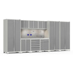 Newage Products Pro 3.0 Series 10-Piece Garage Cabinet Set With 3X Multi-Use Lockers-54524-Platinum-Stainless Steel Worktop-LED Lights + Slatwall Backsplash + 12-Piece Hook Kit-Garage Giant