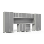 Newage Products Pro 3.0 Series 10-Piece Garage Cabinet Set With 2-Door Base Cabinet-58871-Platinum-Stainless Steel Worktop-Slatwall Backsplash-Garage Giant