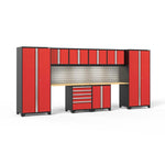 Newage Products Pro 3.0 Series 10-Piece Garage Cabinet Set With 2-Door Base Cabinet-58706-Red-Bamboo Worktop-LED Lights + Slatwall Backsplash-Garage Giant