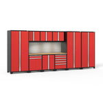 Newage Products Pro 3.0 Series 10-Piece Garage Cabinet Set With 3X Multi-Use Lockers-58730-Red-Bamboo Worktop-LED Lights + Slatwall Backsplash-Garage Giant