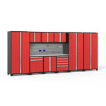 Newage Products Pro 3.0 Series 10-Piece Garage Cabinet Set With 3X Multi-Use Lockers-54497-Red-Stainless Steel Worktop-Slatwall Backsplash + 12-Piece Hook Kit-Garage Giant