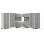 Newage Products Pro 3.0 Series 16-Piece Garage Cabinet Corner Set-58935-Platinum-Bamboo Worktop-Slatwall Backsplash-Garage Giant