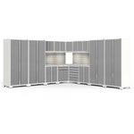 Newage Products Pro 3.0 Series 16-Piece Garage Cabinet Corner Set-58938-Platinum-Stainless Steel Worktop-LED Lights + Slatwall Backsplash-Garage Giant