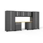 Newage Products Pro 3.0 Series 8-Piece Garage Cabinet Set With Multi-Function Cabinet-51994-Grey-Bamboo Worktop-LED Lights-Garage Giant