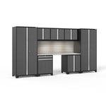 Newage Products Pro 3.0 Series 8-Piece Garage Cabinet Set With Multi-Function Cabinet-58386-Grey-Stainless Steel Worktop-LED Lights + Slatwall Backsplash-Garage Giant