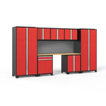 Newage Products Pro 3.0 Series 8-Piece Garage Cabinet Set With Multi-Function Cabinet-58663-Red-Bamboo Worktop-Slatwall Backsplash-Garage Giant