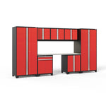 Newage Products Pro 3.0 Series 8-Piece Garage Cabinet Set With Multi-Function Cabinet-52349-Red-Stainless Steel Worktop-LED Lights-Garage Giant