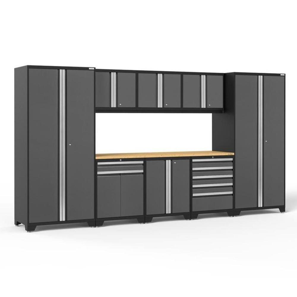 Newage Products Pro 3.0 Series 9-Piece Garage Cabinet Set With Multi-Function Cabinet-52066-Grey-Bamboo Worktop-None-Garage Giant