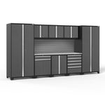 Newage Products Pro 3.0 Series 9-Piece Garage Cabinet Set With Multi-Function Cabinet-58415-Grey-Stainless Steel Worktop-Slatwall Backsplash-Garage Giant