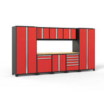 Newage Products Pro 3.0 Series 9-Piece Garage Cabinet Set With Multi-Function Cabinet-51111-Red-Bamboo Worktop-LED Lights-Garage Giant