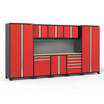 Newage Products Pro 3.0 Series 9-Piece Garage Cabinet Set With Multi-Function Cabinet-58693-Red-Bamboo Worktop-Slatwall Backsplash-Garage Giant