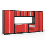 Newage Products Pro 3.0 Series 9-Piece Garage Cabinet Set With Multi-Function Cabinet-51112-Red-Stainless Steel Worktop-LED Lights-Garage Giant