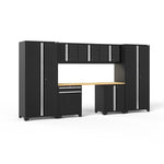 Newage Products Pro 3.0 Series 8-Piece Garage Cabinet Set With Multi-Function Cabinet-64117-Black-Bamboo Worktop-LED Lights-Garage Giant