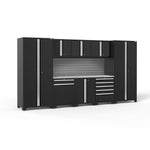 Newage Products Pro 3.0 Series 9-Piece Garage Cabinet Set With Multi-Function Cabinet-64187-Black-Stainless Steel Worktop-Slatwall Backsplash-Garage Giant