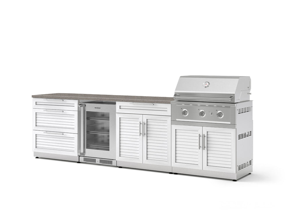 NewAge Outdoor Kitchens Stainless Steel 7-Piece Cabinet Set with 3-Drawer, Bar, Grill Cabinet, Performance Grill, Countertops, and Glass Door Fridge-73698-Garage Giant