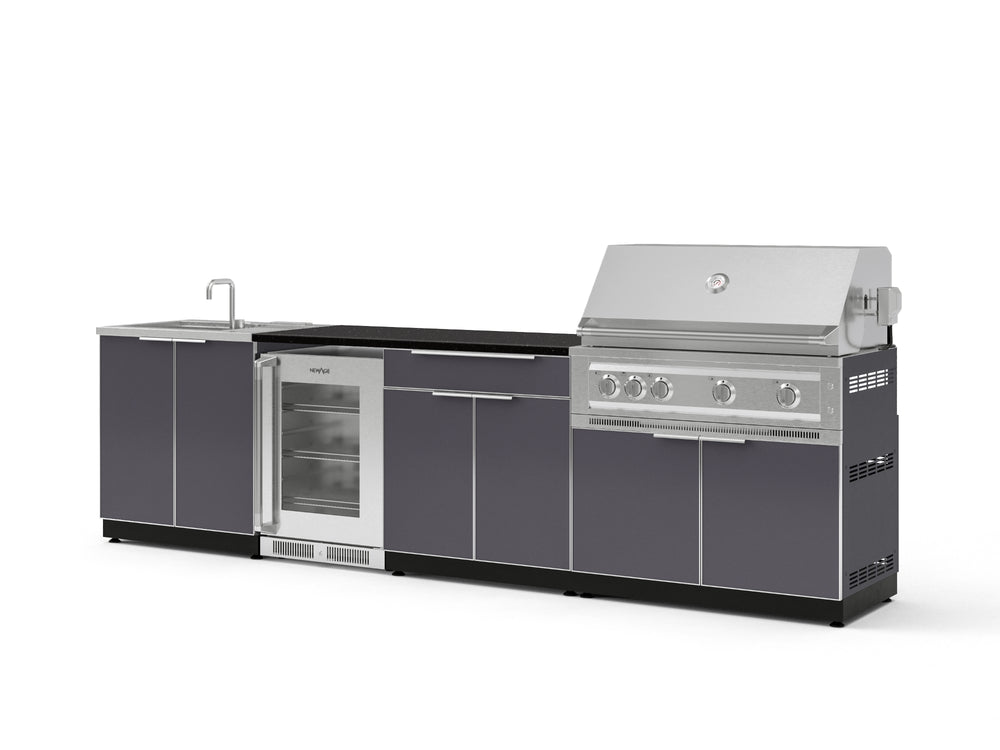 NewAge Outdoor Kitchens Aluminum 6-Piece Cabinet Set with Sink, Bar, Grill Cabinet, Platinum Grill, Countertop and Fridge-71990-Garage Giant