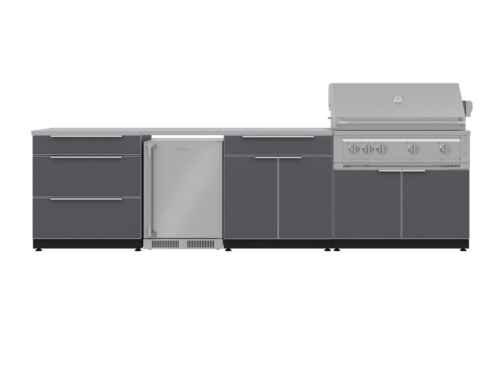 NewAge Outdoor Kitchens Aluminum 7-Piece Cabinet Set with 3-Drawer, Bar, Grill Cabinet, Platinum Grill, Countertops and Fridge-66545-Garage Giant