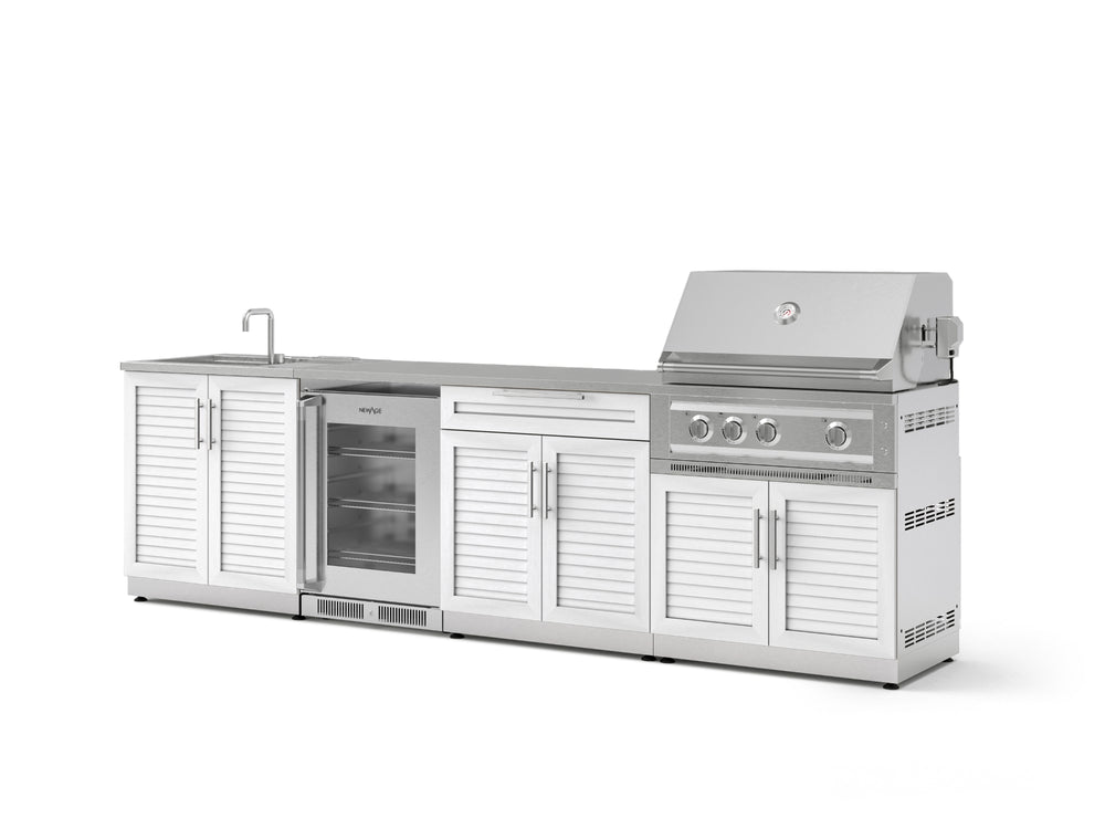 NewAge Outdoor Kitchens Stainless Steel 6-Piece Cabinet Set with Sink, Bar, Grill Cabinet, Platinum Grill, Countertop and Glass Door Fridge-71527-Garage Giant