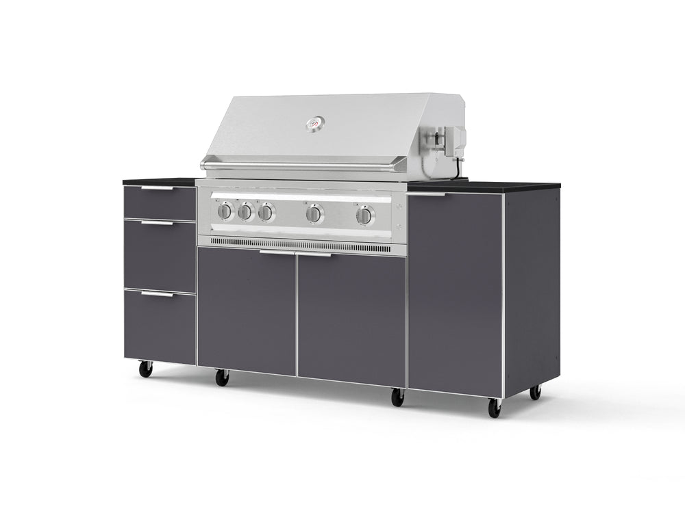 NewAge Outdoor Kitchens Outdoor Grill Island Aluminum 6-Piece Cabinet Set with Casters 1 Door, 3 Drawer, Grill Cabinet, Platinum Grill and Dekton in Sirius Countertops - (Liquid Propane) | Garage Giant