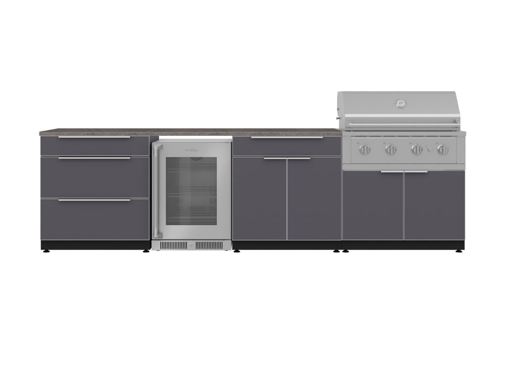 NewAge Outdoor Kitchens Aluminum 7-Piece Cabinet Set with 3-Drawer, Bar, Grill Cabinet, Performance Grill, Countertops and Fridge-71914-Garage Giant