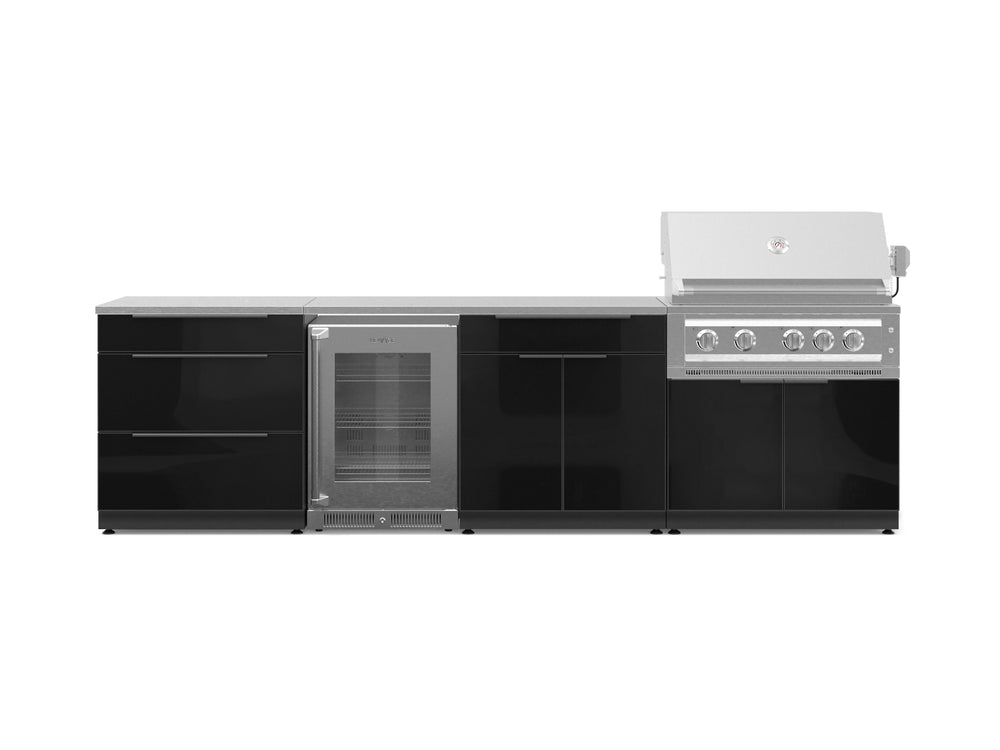 NewAge Outdoor Kitchens Aluminum 7-Piece Cabinet Set with 3-Drawer, Bar, Grill Cabinet, Platinum Grill, Countertops and Glass Door Fridge-71408-Garage Giant