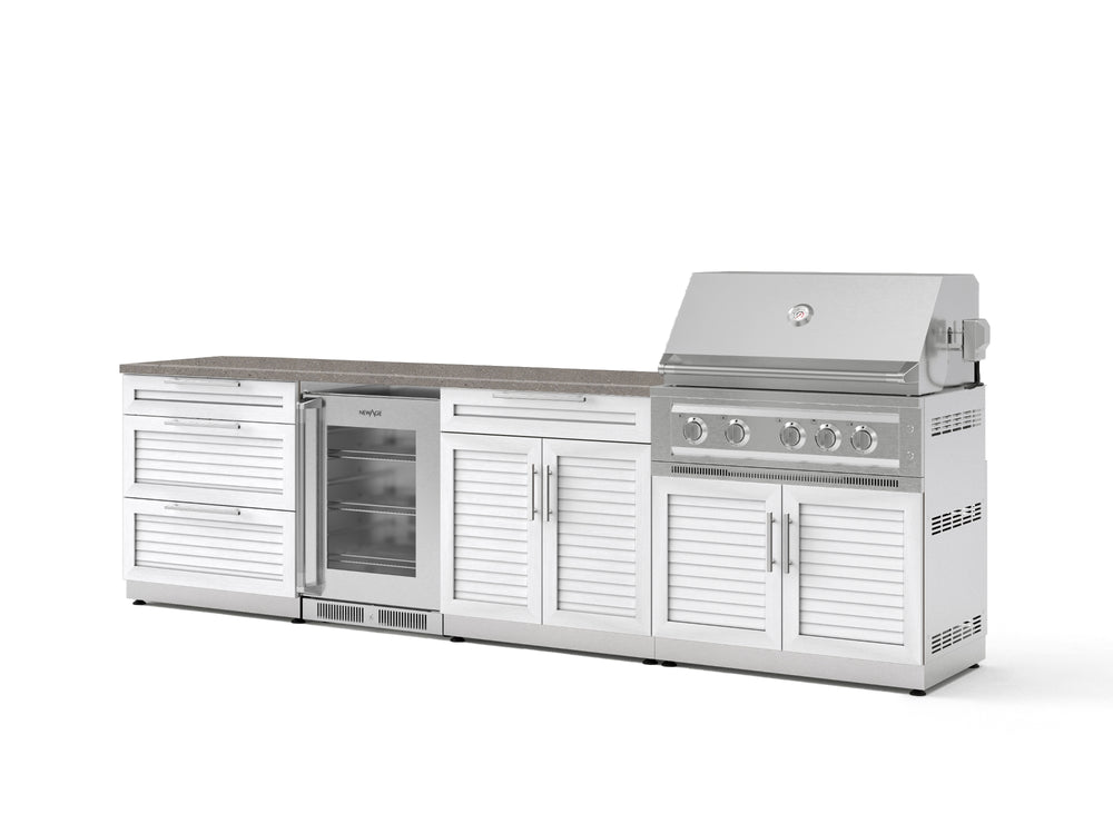 NewAge Outdoor Kitchens Stainless Steel 7-Piece Cabinet Set with 3-Drawer, Bar, Grill Cabinet, Platinum Grill, Countertop, and Glass Door Fridge-73705-Garage Giant