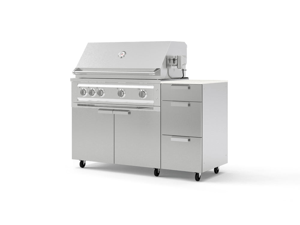 NewAge Outdoor Kitchens Outdoor Grill Island Stainless-Steel 4-Piece Cabinet Set with Casters and 3-Drawer, Grill Cabinet, Platinum Grill and Dekton in Aeris Countertop - (Liquid Propane) | Garage Giant