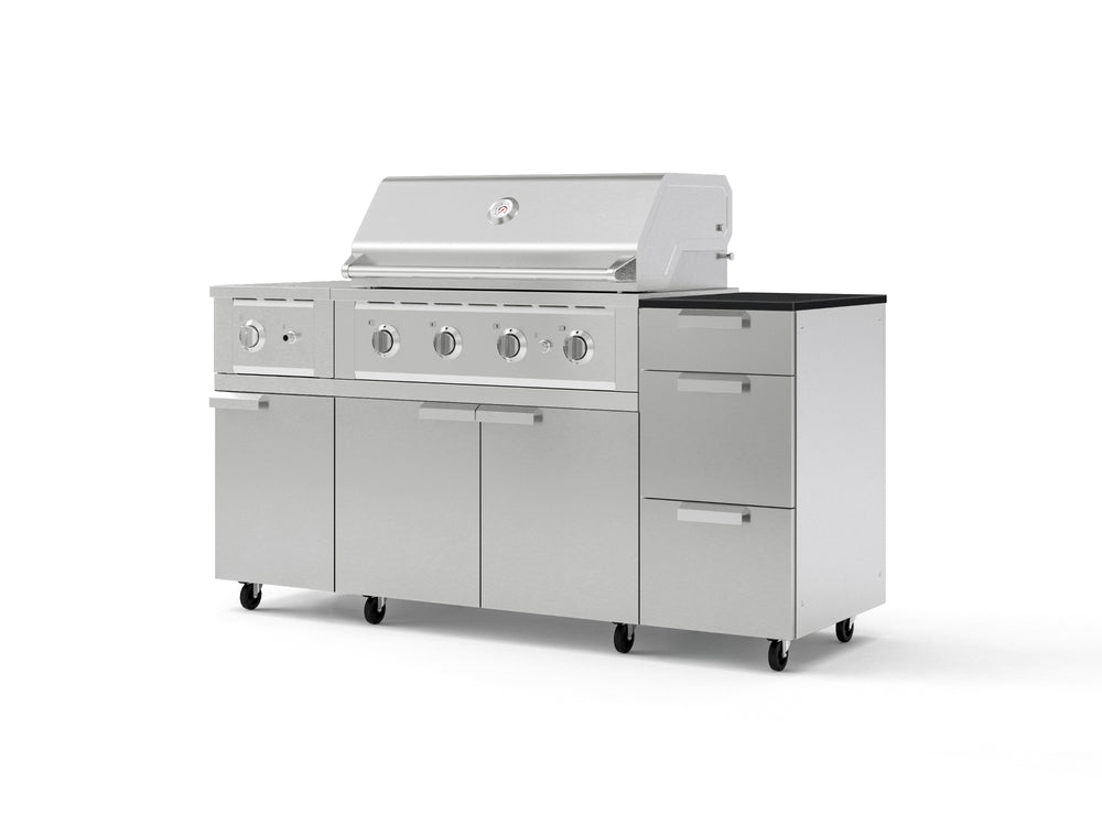 NewAge Outdoor Kitchens Outdoor Grill Island Stainless-Steel 6-Piece Cabinet Set with Casters and 3-Drawer, Grill Cabinet, Performance Grill, Side Burner and Dekton in Sirius Countertop - (Liquid Propane) | Garage Giant