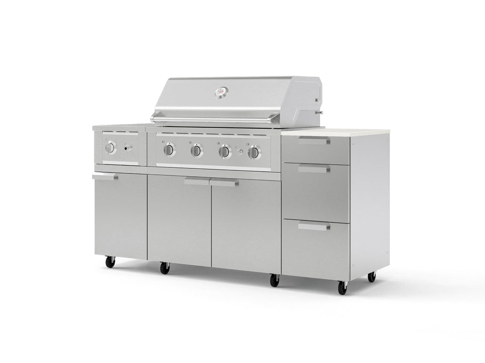 NewAge Outdoor Kitchens Outdoor Grill Island Stainless-Steel 6-Piece Cabinet Set with Casters and 3-Drawer, Grill Cabinet, Performance Grill, Side Burner and Dekton in Aeris Countertop - (Liquid Propane) | Garage Giant