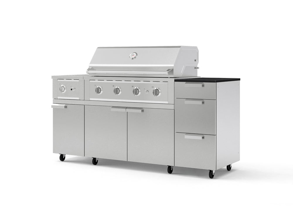 NewAge Outdoor Kitchens Outdoor Grill Island Stainless-Steel 6-Piece Cabinet Set with Casters and 3-Drawer, Grill Cabinet, Performance Grill, Side Burner and Dekton in Sirius Countertop - (Liquid Propane) | Garage Giant