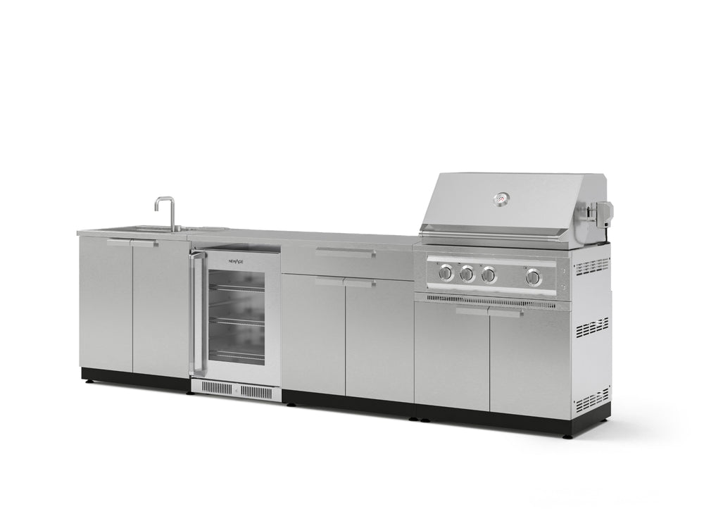 NewAge Outdoor Kitchens Stainless Steel 6-Piece Cabinet Set with Sink, Bar, Grill Cabinet, Platinum Grill, Countertop and Fridge-66364-Garage Giant