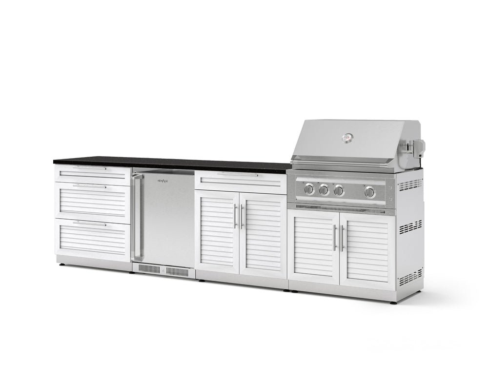 NewAge Outdoor Kitchens Stainless Steel 7-Piece Cabinet Set with 3-Drawer, Bar, Grill Cabinet, Platinum Grill, Countertop, and Stainless Steel Door Fridge-73623-Garage Giant
