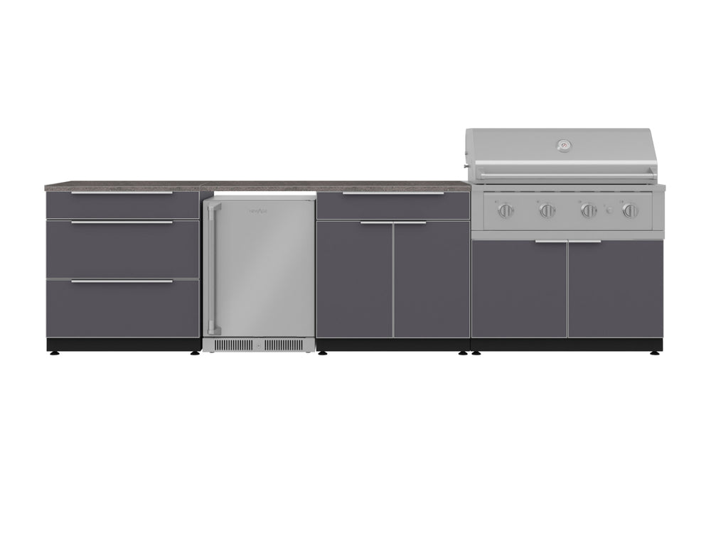 NewAge Outdoor Kitchens Aluminum 7-Piece Cabinet Set with 3-Drawer, Bar, Grill Cabinet, Performance Grill, Countertops and Fridge-71900-Garage Giant