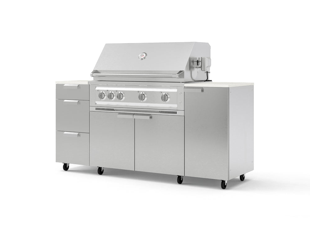 NewAge Outdoor Kitchens Outdoor Grill Island Stainless-Steel 6-Piece Cabinet Set with Casters 1 Door, 3 Drawer, Grill Cabinet, Platinum Grill and Dekton in Aeris Countertops - (Liquid Propane) | Garage Giant