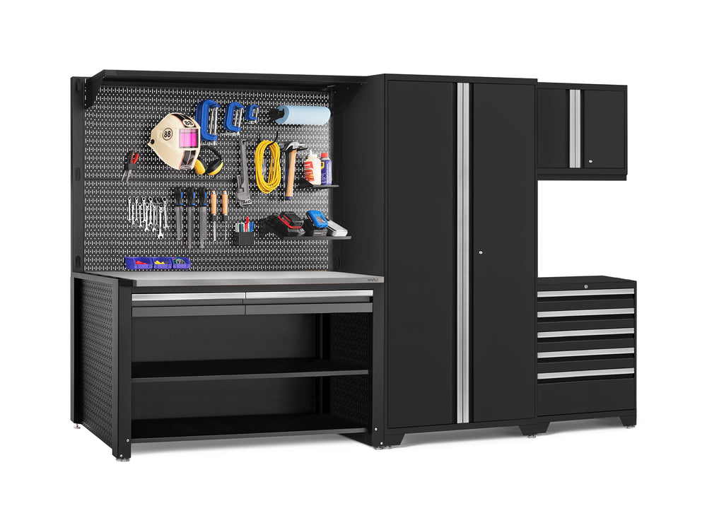 NewAge Garage Cabinets Pro Series 5-Piece Cabinet Set with Tool, Wall Cabinet, Locker, 62 in. Workstation, and Pegboard Accessories Kit-32649-Garage Giant
