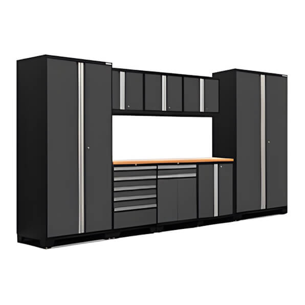 NewAge Garage Cabinets PRO Series Grey 9-Piece Set with Bamboo Top and LED Lights-51922-Garage Giant