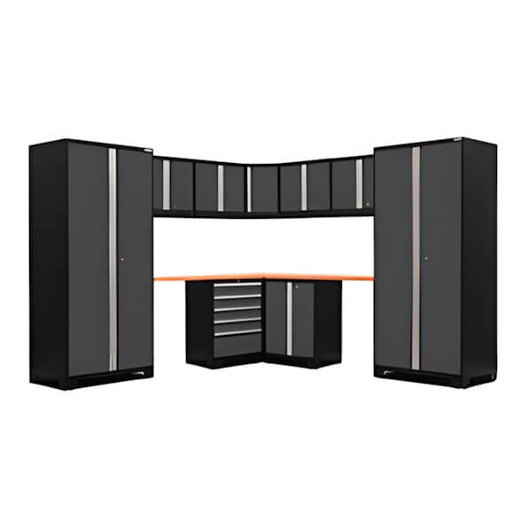 NewAge Garage Cabinets PRO Series Grey 12-Piece Corner Set with Bamboo Tops and LED Lights-51928-Garage Giant