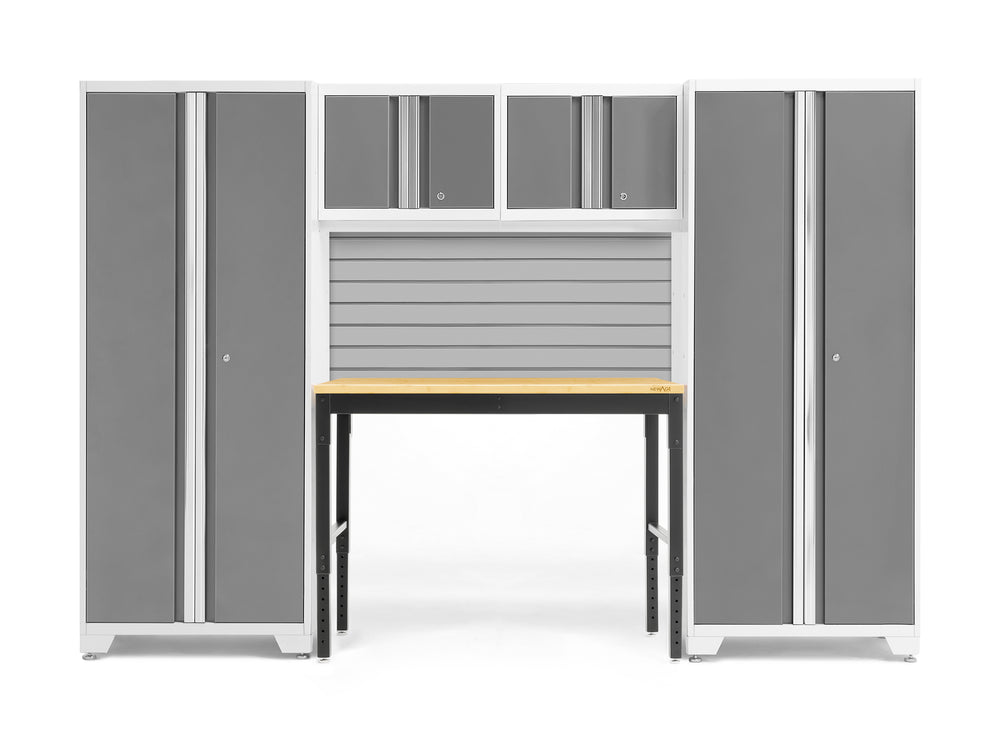NewAge Garage Cabinets Bold Series 5-Piece Cabinet Set with Locker, RTA Locker, Tool, Wall Cabinets, Slatwall Backsplash, Workbench and Worktop-63036-Garage Giant