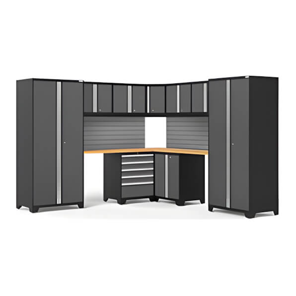NewAge Garage Cabinets PRO Series Grey 12-Piece Corner Set with Bamboo Tops and Slatwall-58491-Garage Giant