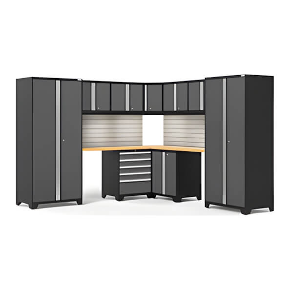 NewAge Garage Cabinets PRO Series Grey 12-Piece Corner Set with Bamboo Tops, Slatwall, LED Lights-58492-Garage Giant