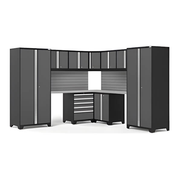 NewAge Garage Cabinets PRO Series Grey 12-Piece Corner Set with Stainless Steel Tops and Slatwall-59882-Garage Giant